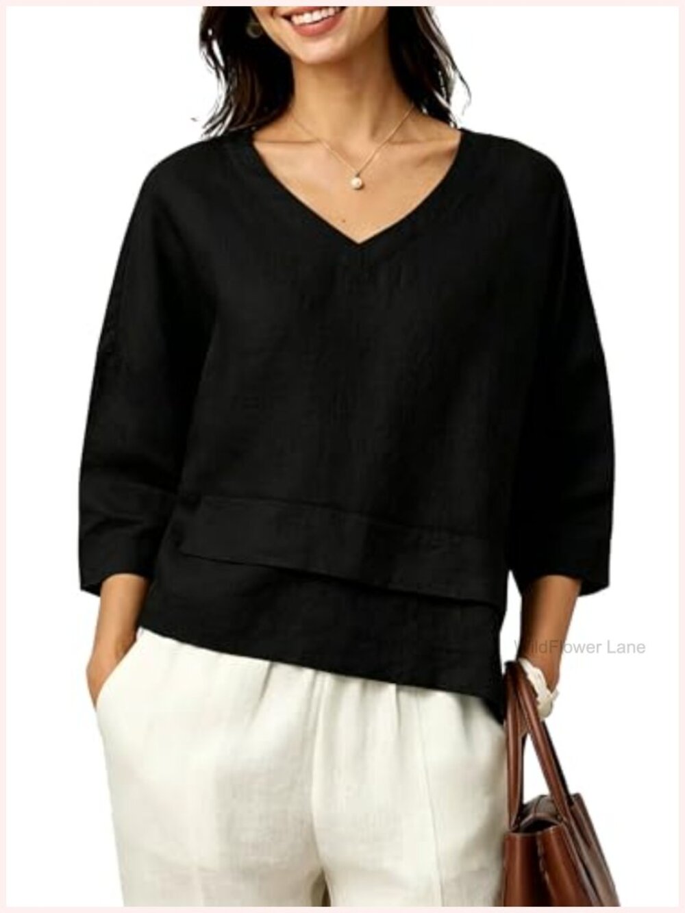 Women's Linen Tencel Blend V-Neck Blouse 3/4 Sleeve Layered Hem Casual Top